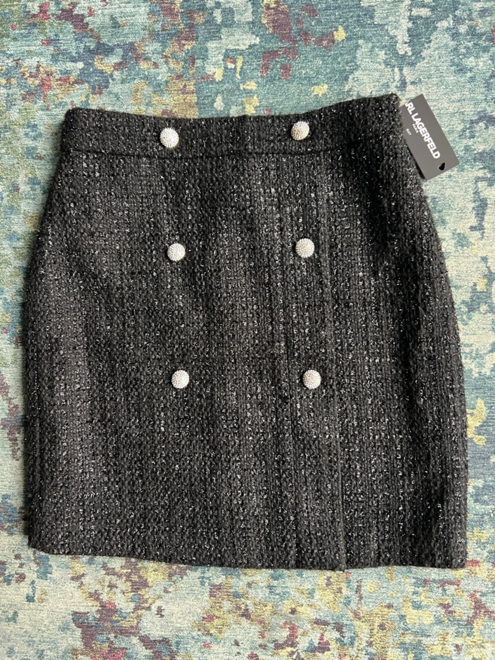 Karl Lagerfeld Black Tweed Mini Skirt w/ Decorative Buttons & black shimmer